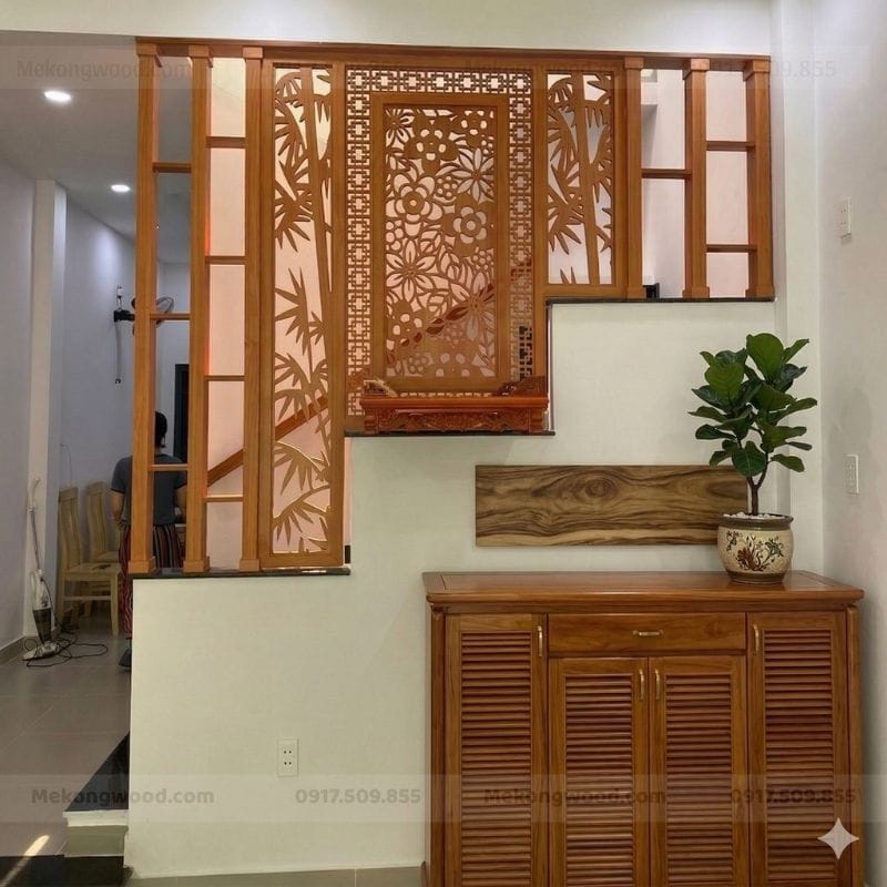 Mẫu thiết kế trang trí vách ngăn cầu thang tam cấp cnc