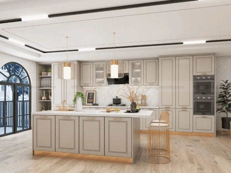 Thiết kế tủ bếp bán cổ điển gỗ công nghiệp, sơn bệt trắng xám hiện đại