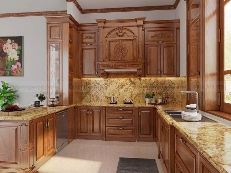 Tủ bếp bán cổ điển gỗ Căm Xe, thiết kế chữ U, vân gỗ ấm áp, bền bỉ