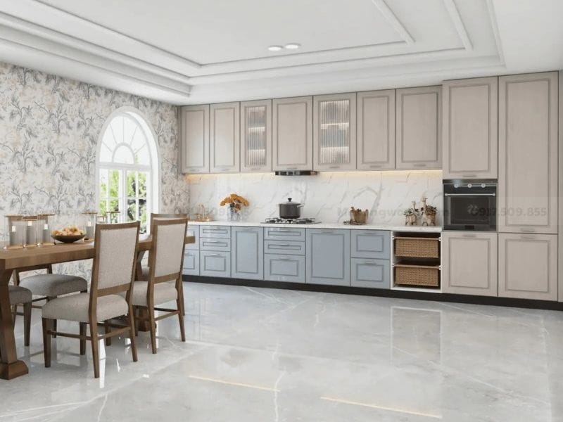 Tủ bếp tân cổ điển gỗ công nghiệp 2 tone màu , thiết kế phào chỉ tinh tế