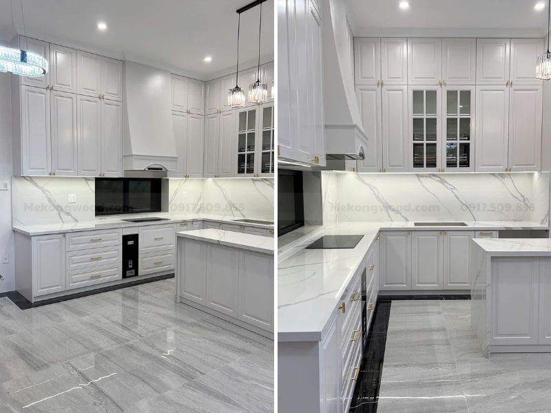 Tủ bếp tân cổ điển gỗ công nghiệp MDF chống ẩm, màu trắng sang trọng