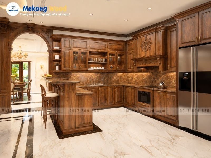 Hình ảnh thiết kế tủ bếp tân cổ điển gỗ tự nhiên có quầy bar