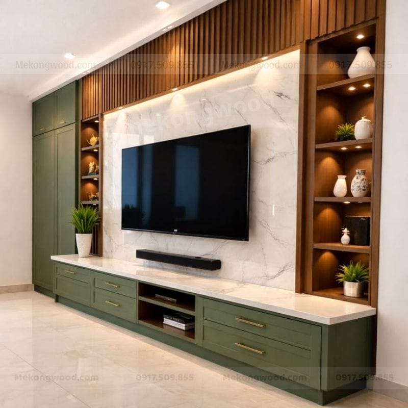 Thiết kế mẫu vách tivi cổ điển cho phòng khách rộng