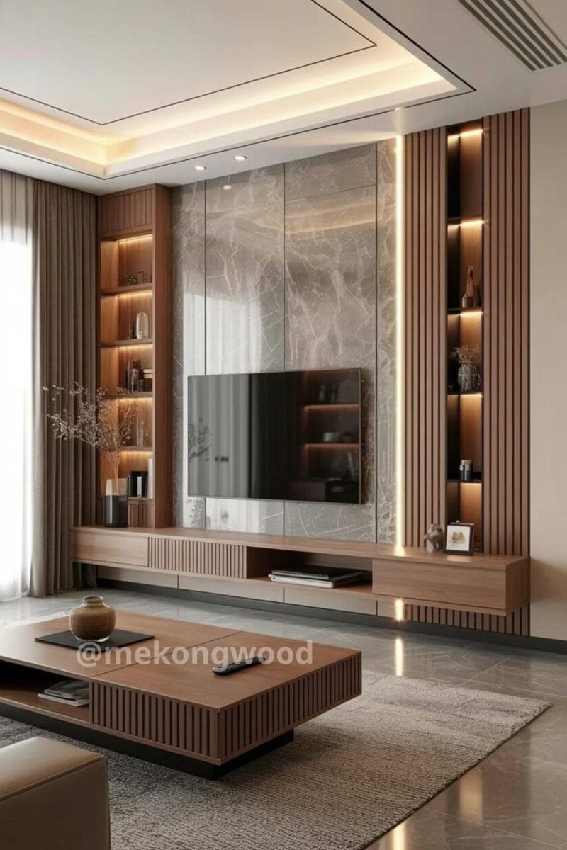 Mẫu vách tivi ốp đá sang trọng và cao cấp