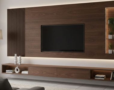Mẫu decor vách tivi phòng khách tại Mekongwood