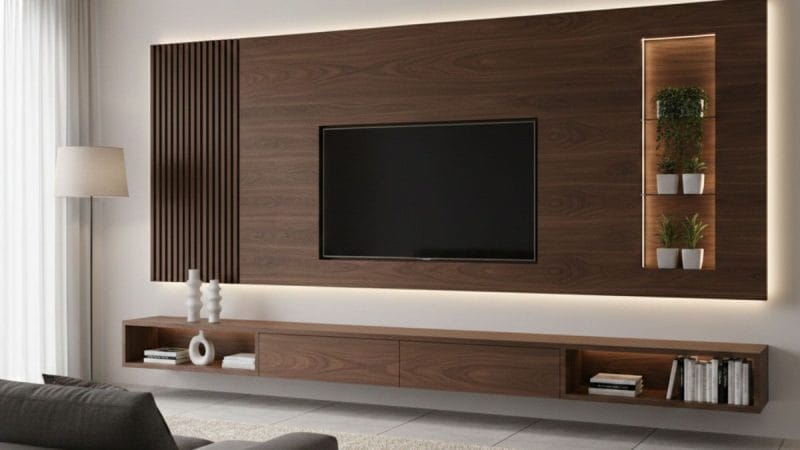 Mẫu decor vách tivi phòng khách tại Mekongwood