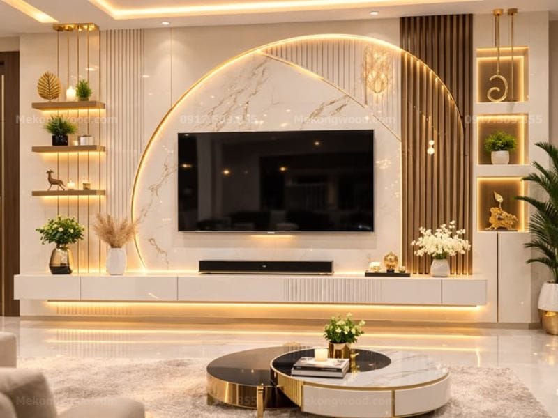 mẫu vách tivi hiện đại với đèn led