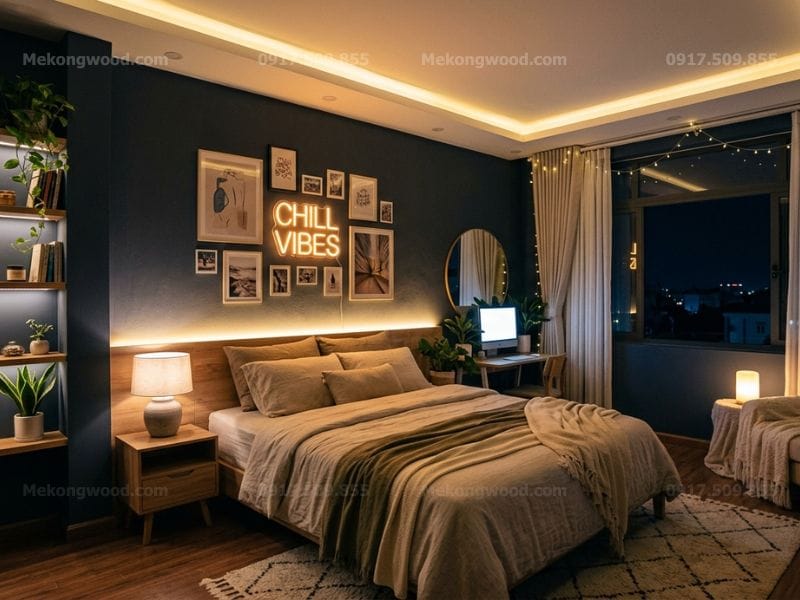 Decor phòng ngủ chill với ánh sánh đèn led