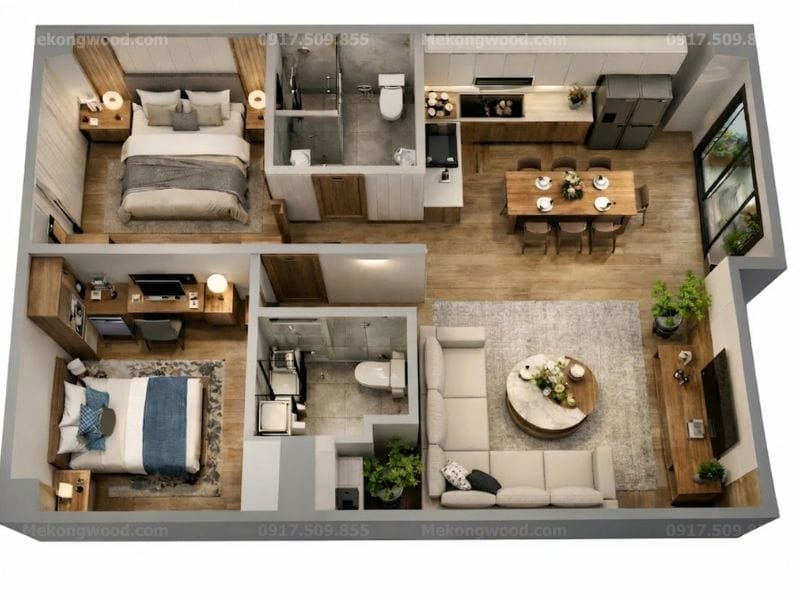 Hình ảnh thiết kế nội thất chung cư 2 phòng ngủ tại Bến Lức - Tây Ninh