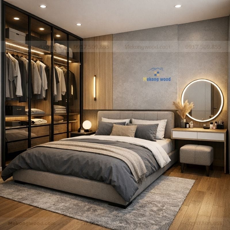 thiết kế nội thất phòng ngủ có tủ áo âm tường