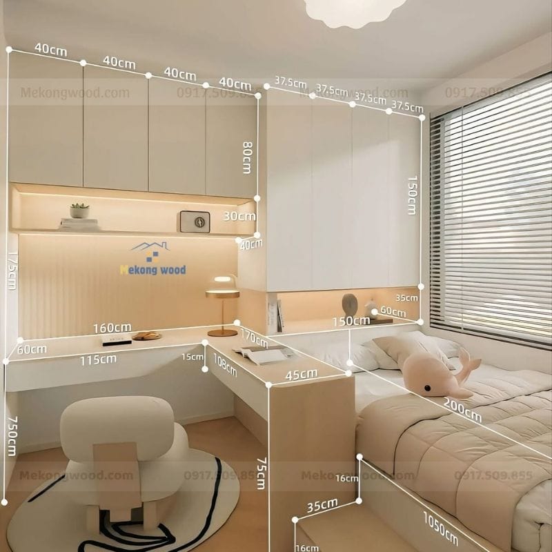 Hình ảnh kích thước thiết kế nội thất phòng ngủ 15m2