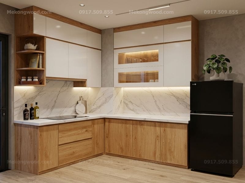 hình ảnh tủ bếp nhựa mà gỗ sồi