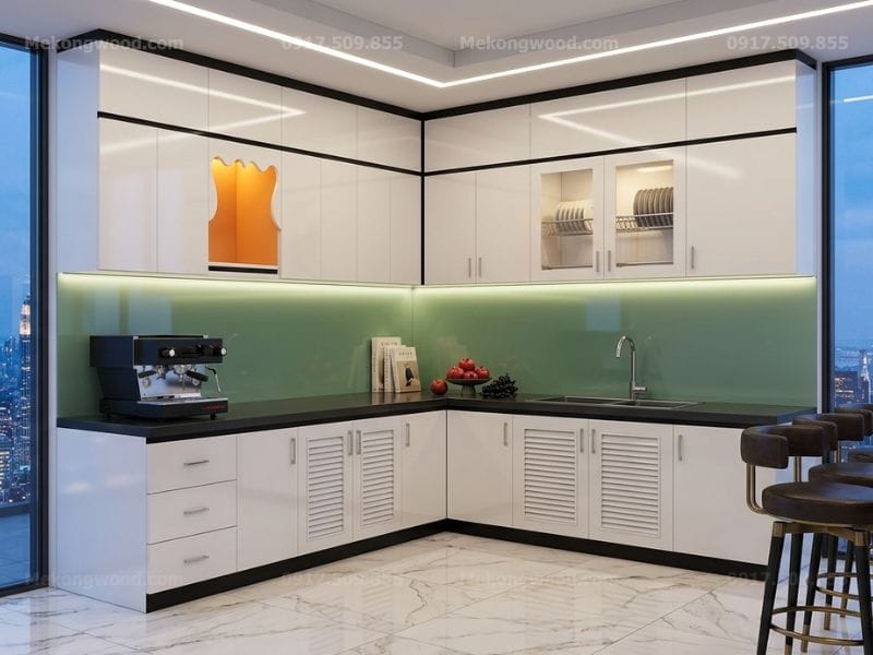 hình ảnh tủ bếp nhựa chữ L màu trắng