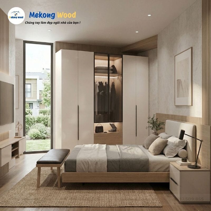Hình ảnh thiết kế phòng ngủ với tủ quần áo gỗ công nghiệp kèm cánh kính