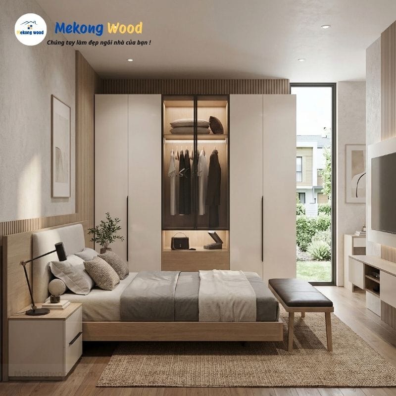 Hình ảnh phòng ngủ với tủ quần áo gỗ công nghiệp kèm cánh kính