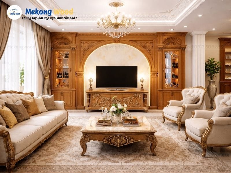 Thiết Kế Thi Công Vách Tivi Tân Cổ Điển Kết Hợp Tủ Rượu