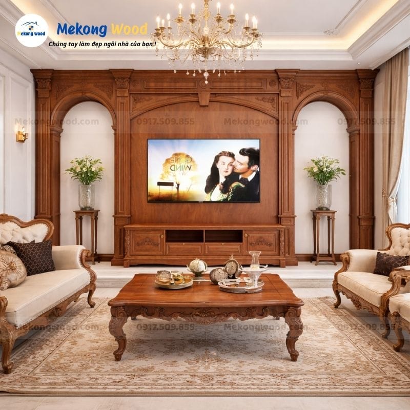 Mẫu thiết kế vách tivi tân cổ điển cấu trúc vòm đối xứng