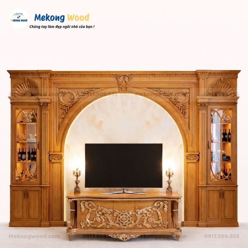 vách tivi phòng khách tân cổ điển và hệ tủ rượu sang trọng