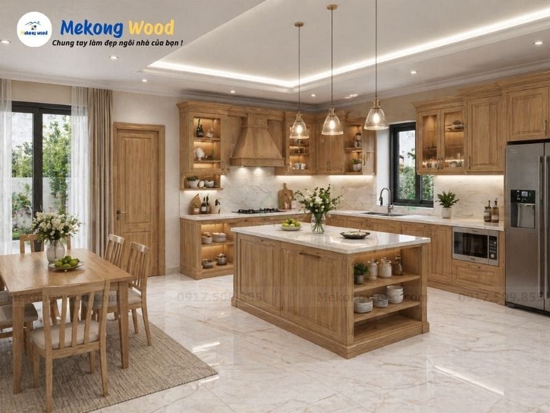 hình ảnh tủ bếp gỗ tự nhiên chữ L có bàn đảo