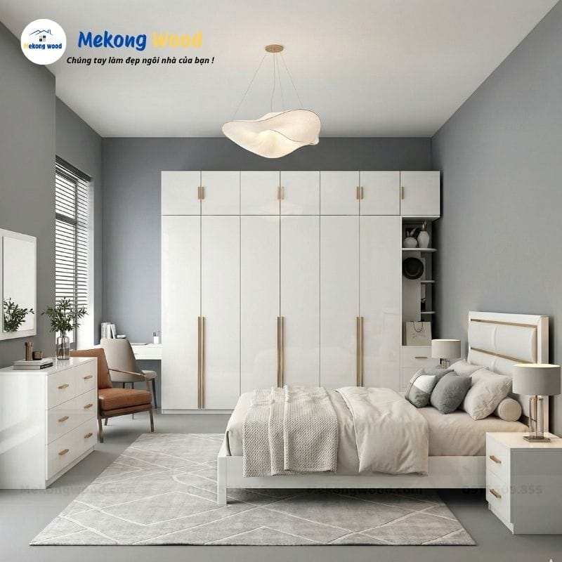 Hình Ảnh Phòng Ngủ với Tủ Quần Áo 6 Cánh Gỗ Công Nghiệp Phủ Acrylic