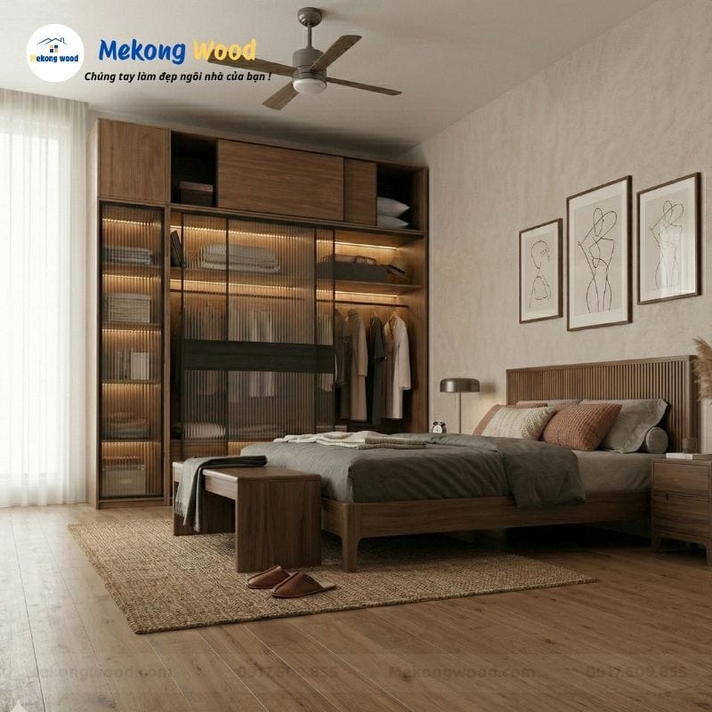 Hình ảnh phòng ngủ với tủ quần áo cánh lùa bằng kính