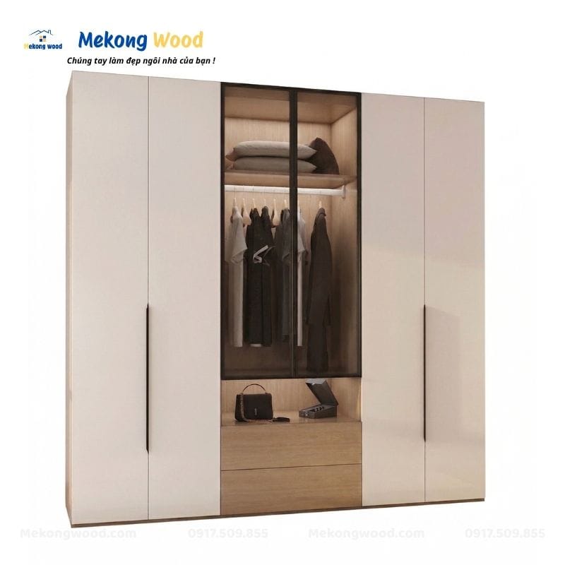 Mẫu tủ quần áo gỗ công nghiệp kèm cánh kính