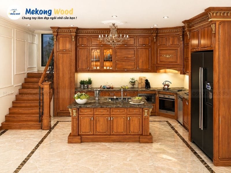 Mẫu tủ bếp gỗ gõ đỏ tự nhiên có bàn đảo