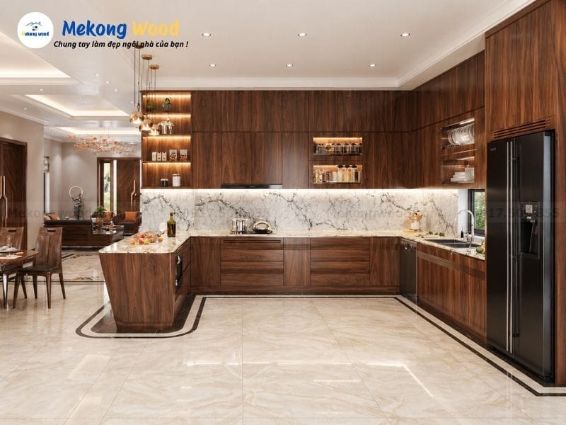 Hình ảnh tủ bếp gỗ óc chó tự nhiên hiện đại vfa sang trọng