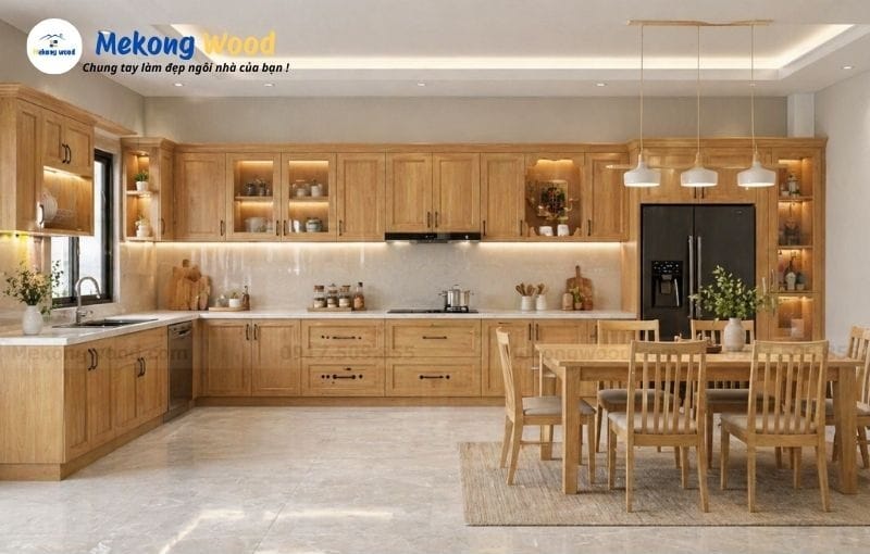 Hình ảnh tủ bếp gỗ sồi tự nhiên đơn giản mà vẫn sang trọng