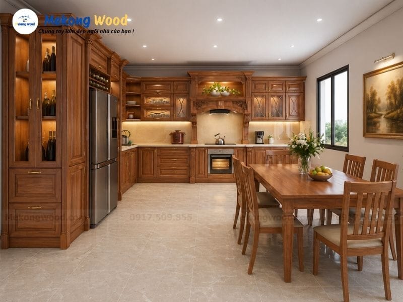 Hình ảnh tủ bếp gỗ tự nhiên kết hợp với đèn led