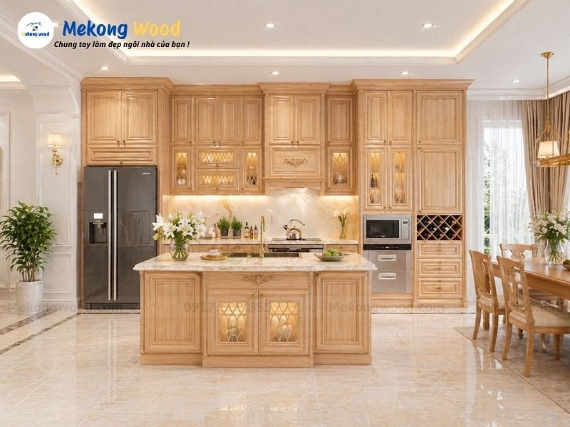 Mẫu thiết kế tủ bếp gỗ tự nhiên kích trần