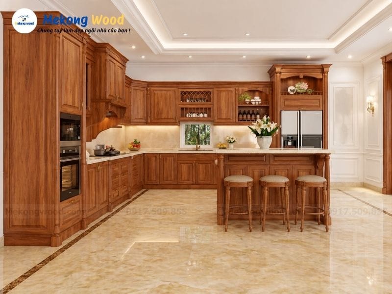 Hình ảnh thiết kế tủ bếp sang trọng với màu gỗ gõ đỏ tự nhiên