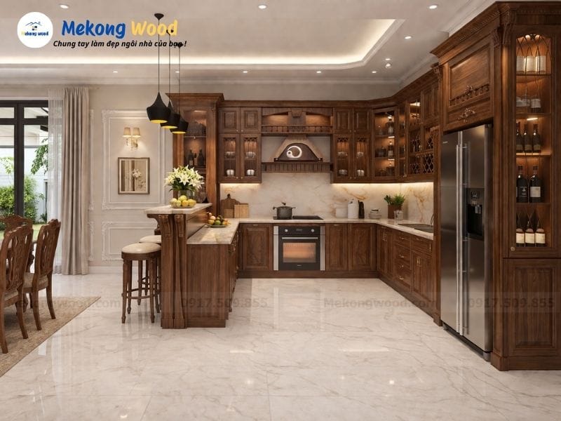 Mẫu tủ bếp tân cổ điển với màu gỗ tự nhiên