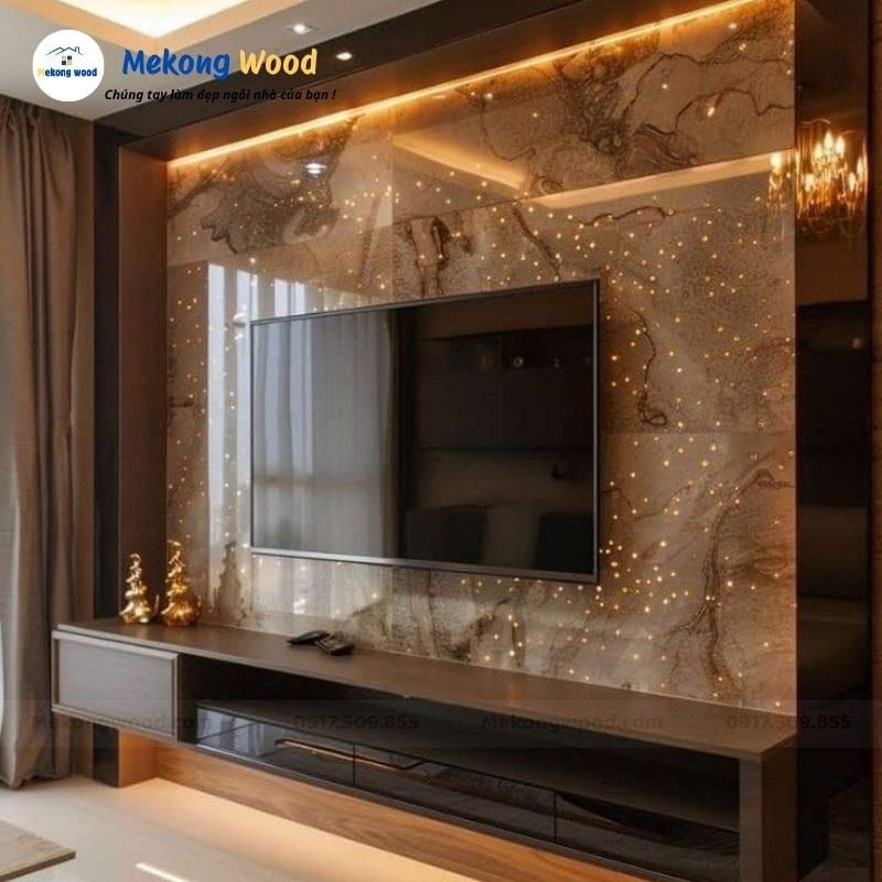 Mẫu vách tivi đá xuyên sáng cho phòng ngủ