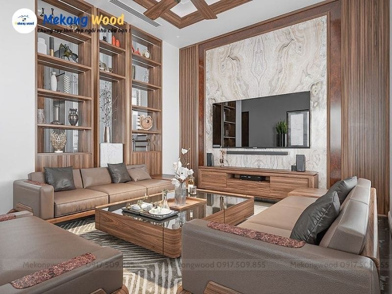 Maai thiết kế vách tivi phòng khách bằng lam sóng gỗ tự nhiên