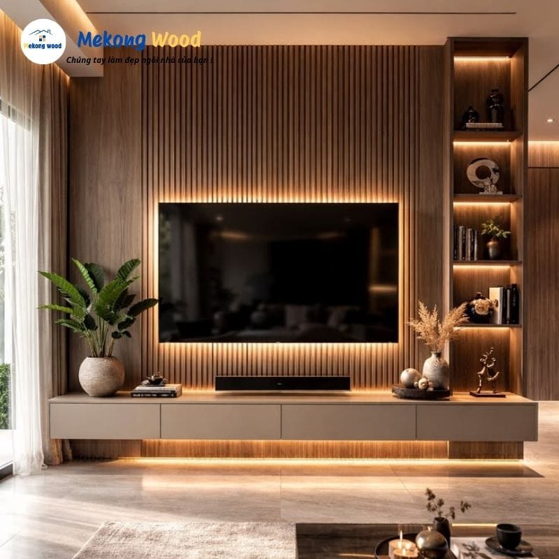 Mẫu vách tivi lam sóng kết hợp tấm ốp phẳng