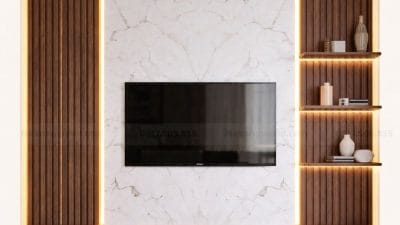 Vách tivi lám sóng và tấm ốp vân đá pvc