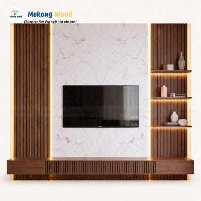 Vách tivi lám sóng và tấm ốp vân đá pvc