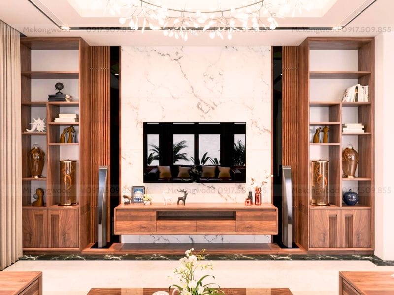 Mẫu thiết kế vách tivi phòng khách hiện đại tại Bình Chánh , TPHCM