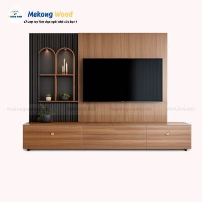 Mẫu Vách Tivi Phòng Khách Hiện Đại Màu Gỗ Óc Chó