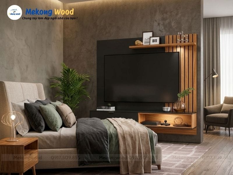 Mẫu vách tivi phòng ngủ lam gỗ và tấm ốp phẳng