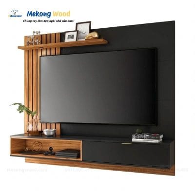 Thiết kế thi công vách tivi phòng ngủ lam gỗ và tấm ốp phẳng