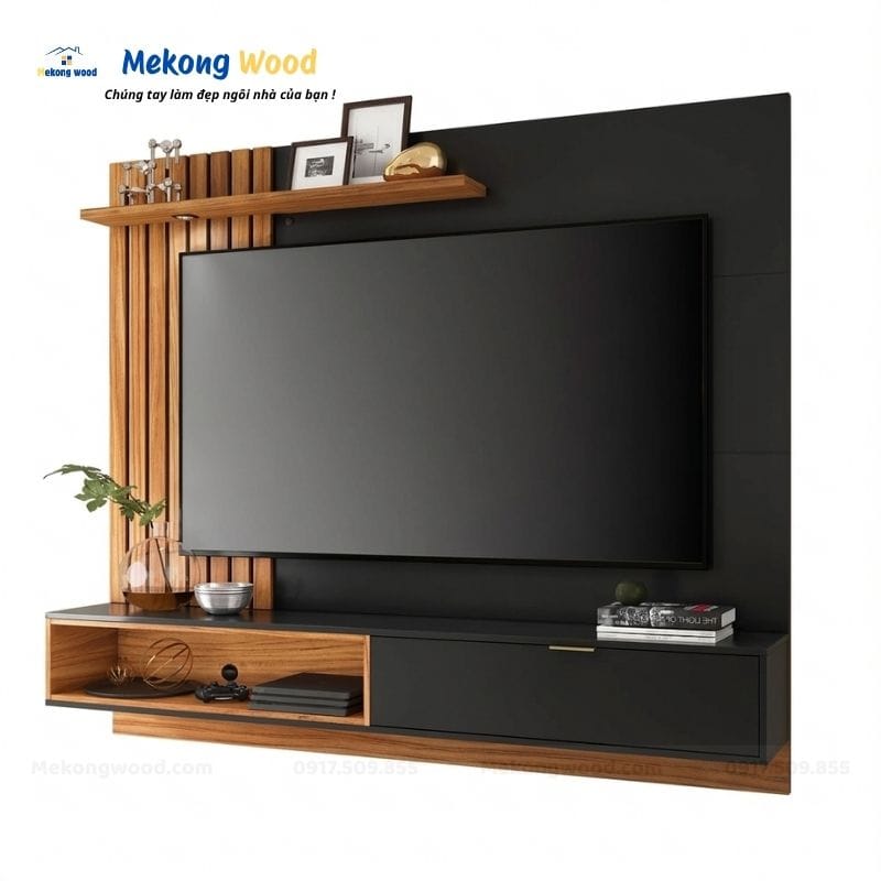 Thiết kế thi công vách tivi phòng ngủ lam gỗ và tấm ốp phẳng