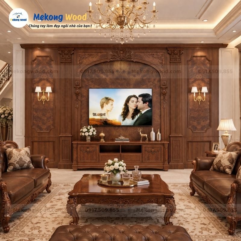 Vách tivi phòng khách tân cổ điển gỗ tự nhiên