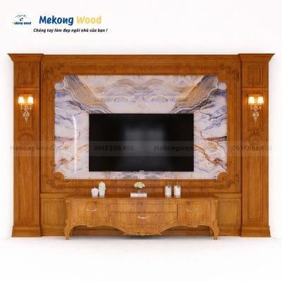 Vách Tivi Tân Cổ Điển Phòng Khách Gỗ Gõ Đỏ