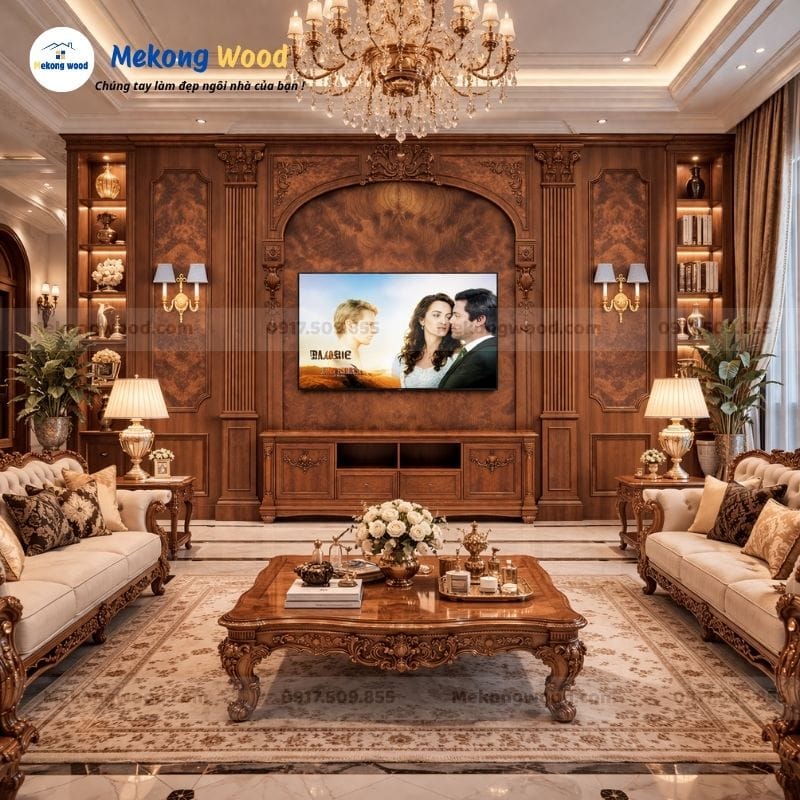 Hình ảnh phòng khách với Vách tivi tân cổ điển gỗ tự nhiên