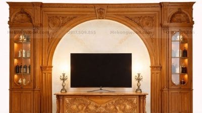 Mẫu vách tivi tân cổ điển kết hớp tủ rượu