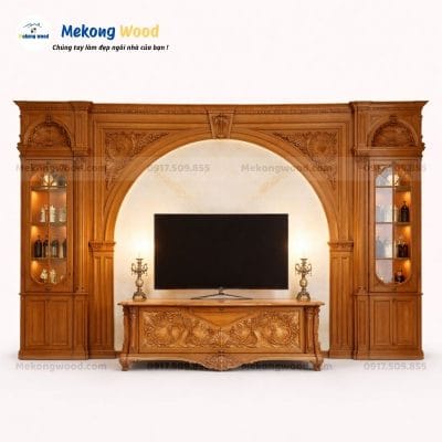 Mẫu vách tivi tân cổ điển kết hớp tủ rượu