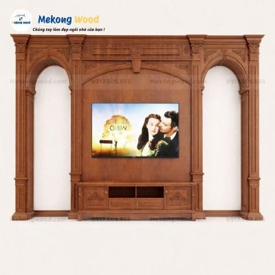 Mẫu vách tivi tân cổ điển gỗ tự nhiên