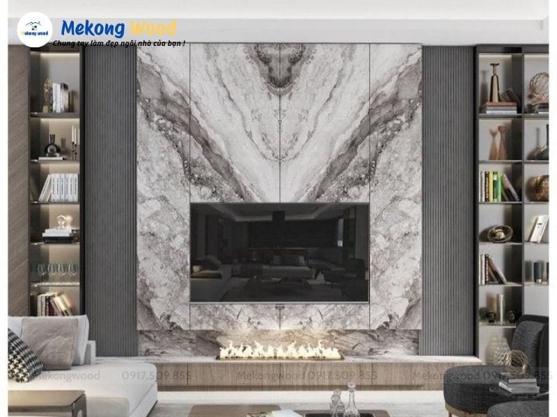 vách tivi ốp tấm PVC vân đá đối xứng
